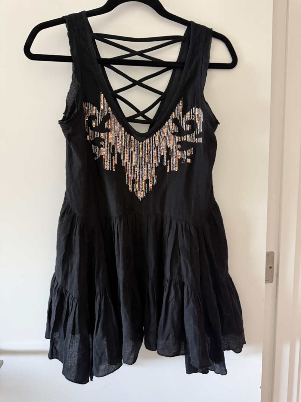 Free People Black Tiered Mini dress with Rose Gold Sequin Detail
